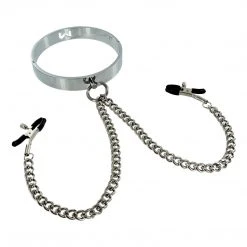 Kink Industries Chrome Slave Collar With Nipple Clamps - SmallMedium BDSM