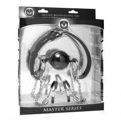 Master Series Hinder Breathable Silicone Ball Gag With Nipple Clamps