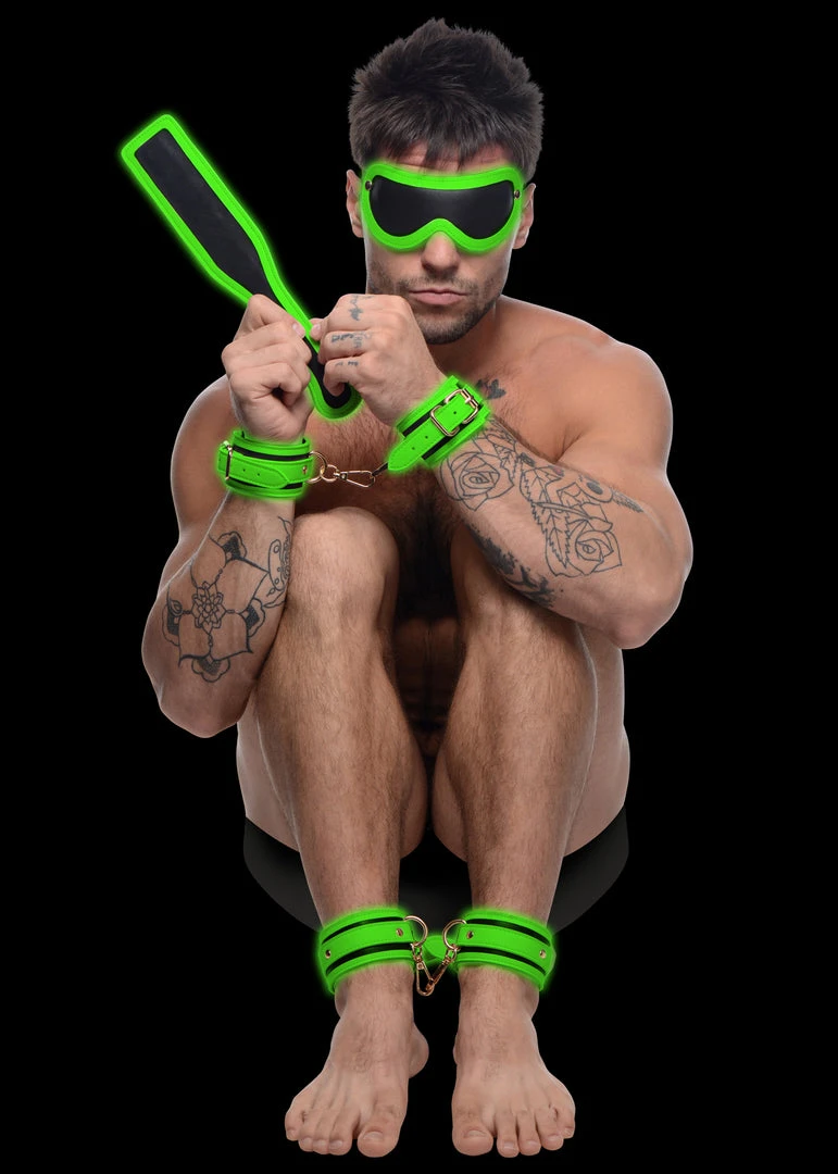 Master Series Kink In The Dark Glowing Cuffs Blindfold And Paddle Bondage Set 2 Master Series Kink In The Dark Glowing Cuffs Blindfold And Paddle Bondage Set
