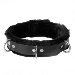 BDSM Strict Leather Narrow Fur Lined Locking Collar