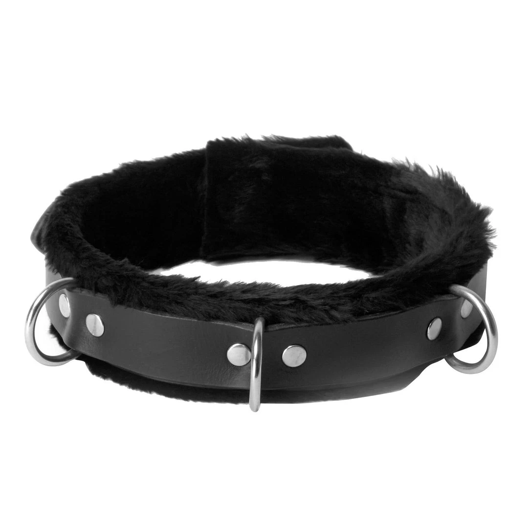 BDSM Strict Leather Narrow Fur Lined Locking Collar 1 BDSM Strict Leather Narrow Fur Lined Locking Collar